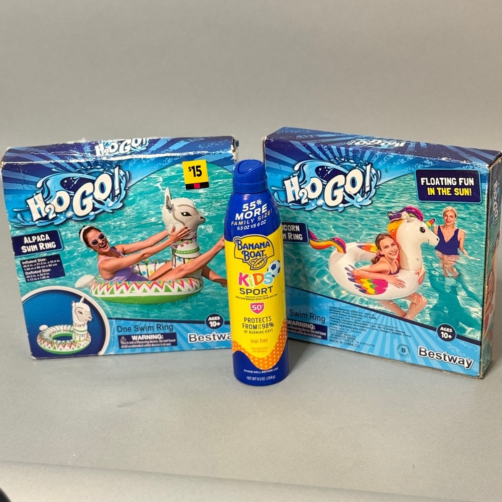 $50 value H2O Alpaca and Unicorn Swim Rings and Sunscreen floatie tubes swimming